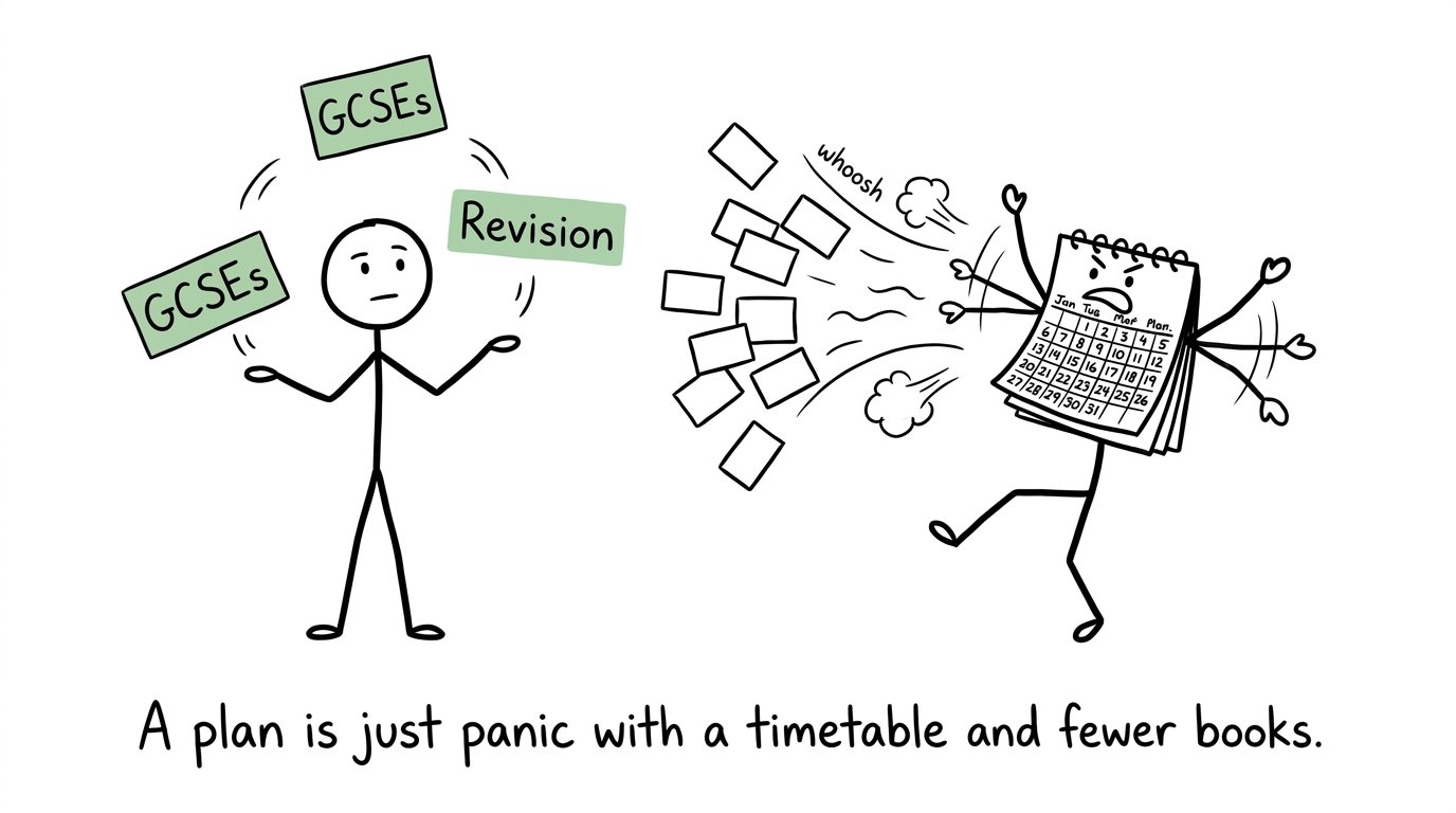 Student calmly balancing GCSEs, options and revision while a calendar creates unnecessary drama