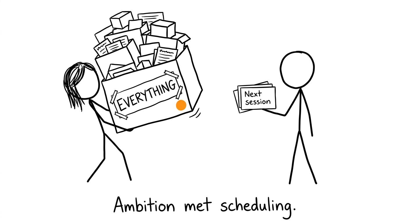 One student carries everything while another sensibly carries only the next three tasks