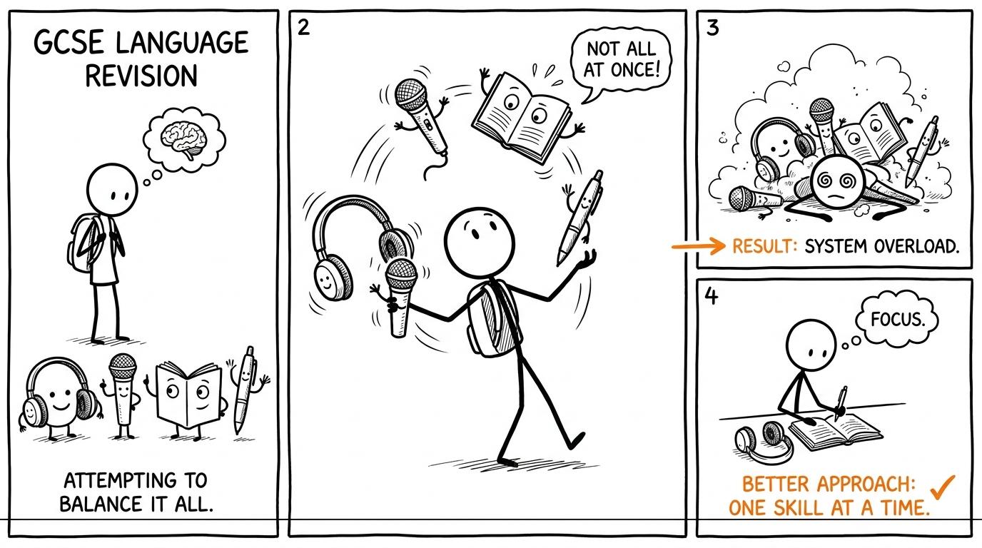 A student balancing listening, speaking, reading and writing while being reminded not to repair everything at once