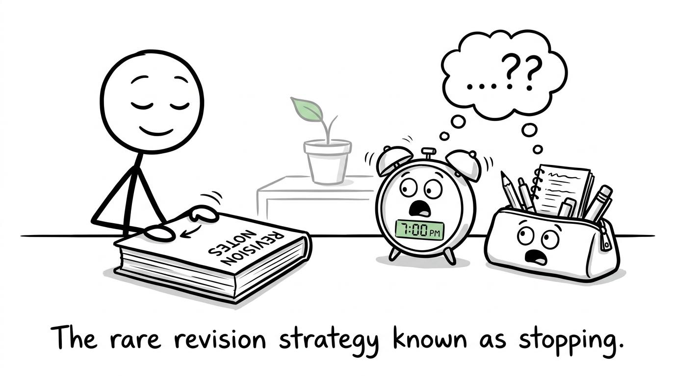 A calm student closes the books while a surprised alarm clock watches