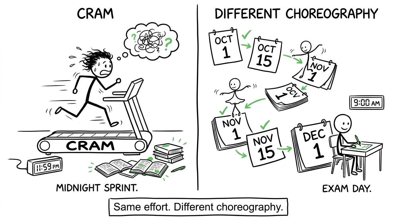 One student crams at midnight while another spreads practice calmly across several days