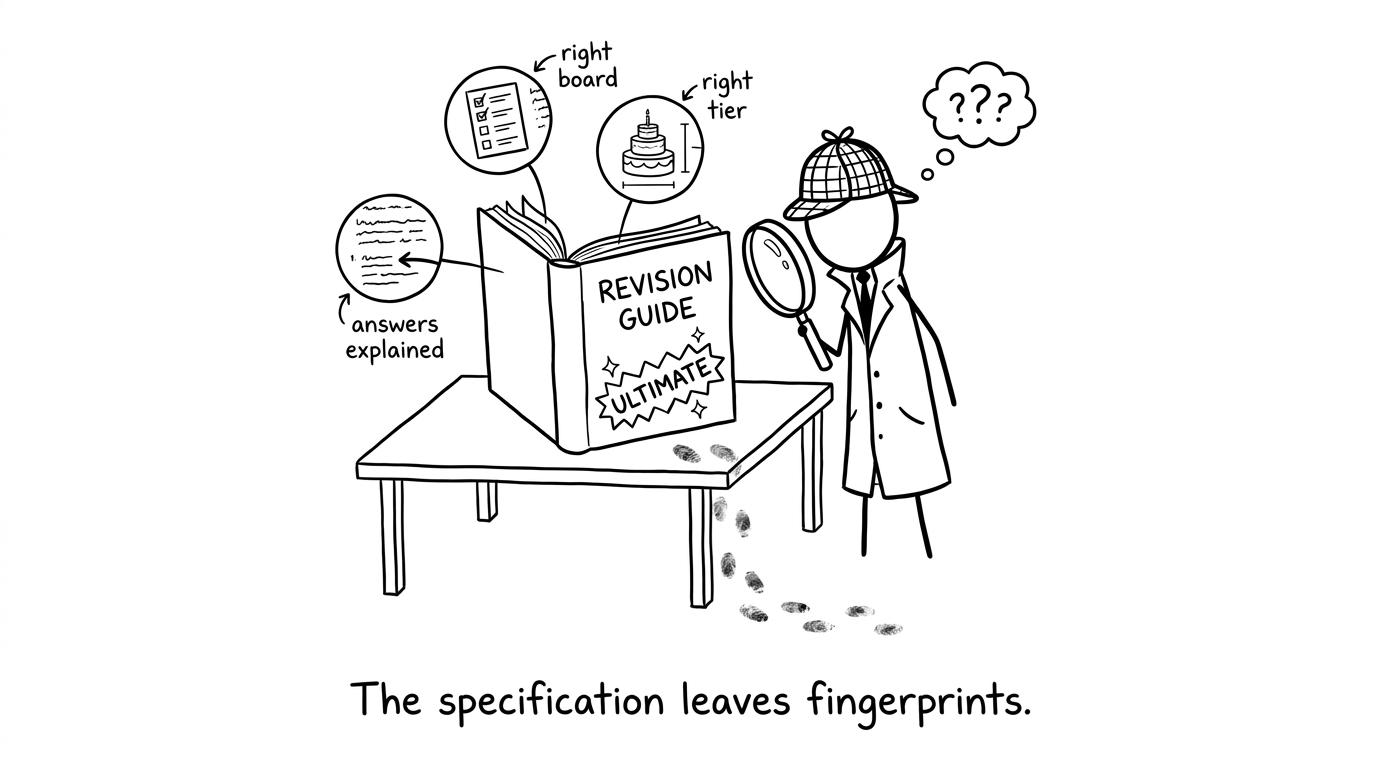 A student detective checks a revision guide for specification fingerprints