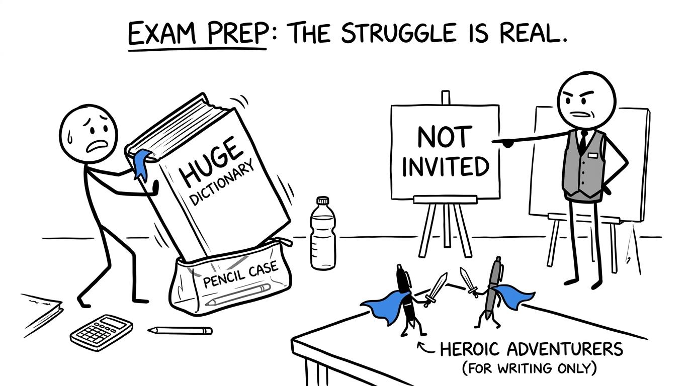 Two heroic black pens watch an oversized dictionary being turned away from an exam