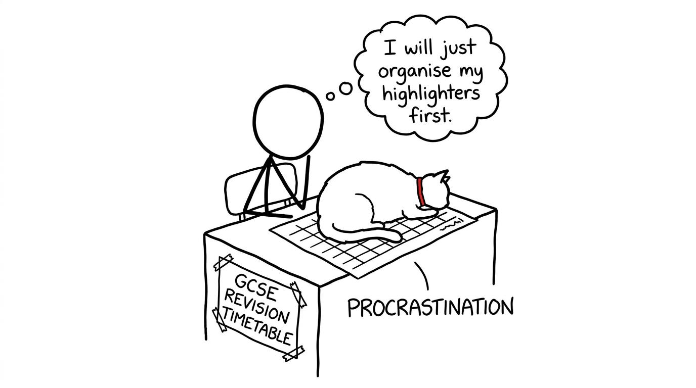 A cat called Procrastination blocks the timetable