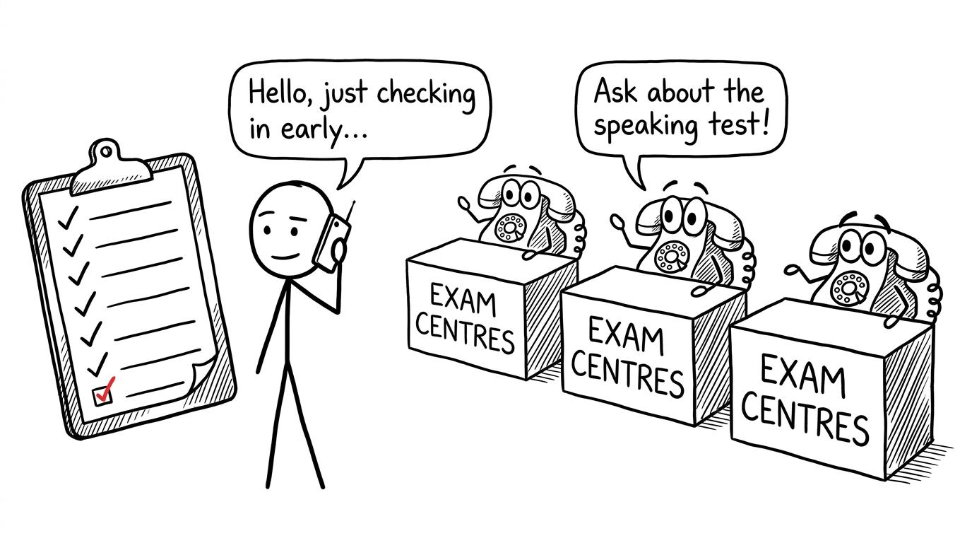 Cartoon telephones reminding a student to ask centres about the speaking test