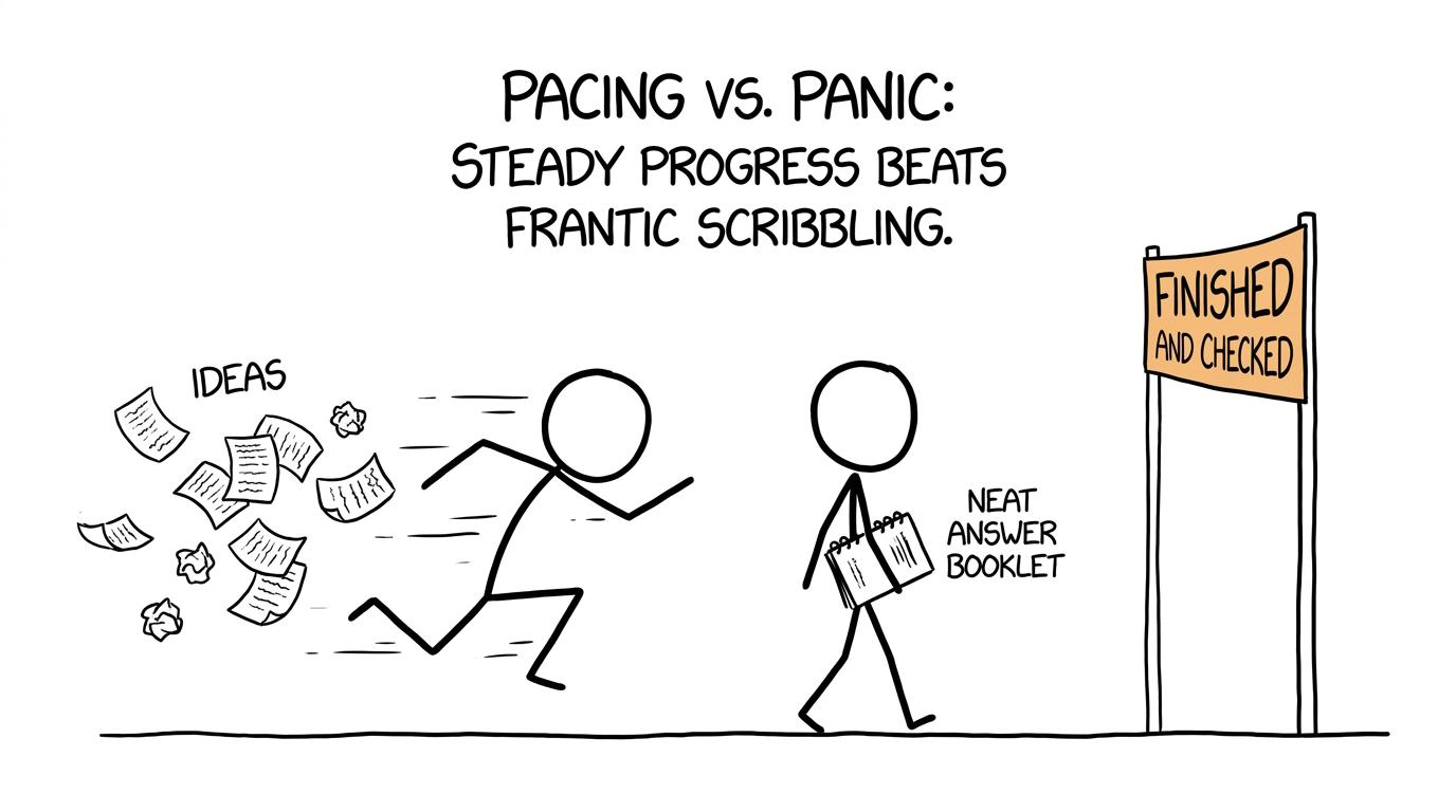 One student rushes while dropping ideas, while another carries a complete answer booklet steadily towards the finish