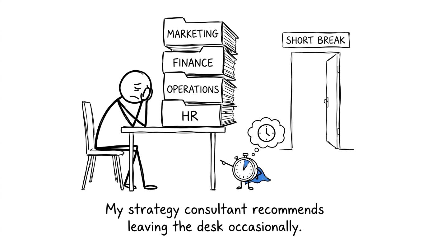 A tiny timer rescues a tired student from a mountain of Business folders