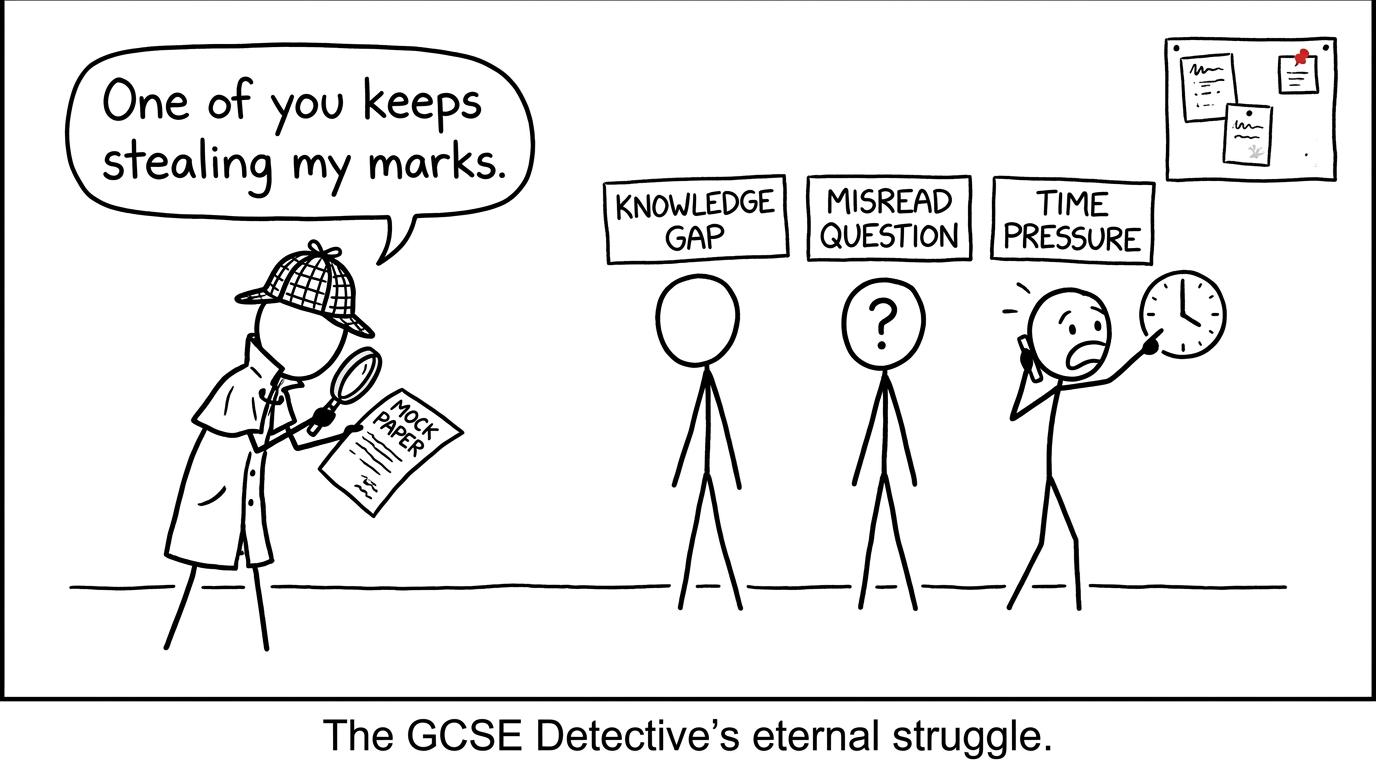 A student detective interviewing the suspects who stole their mock marks
