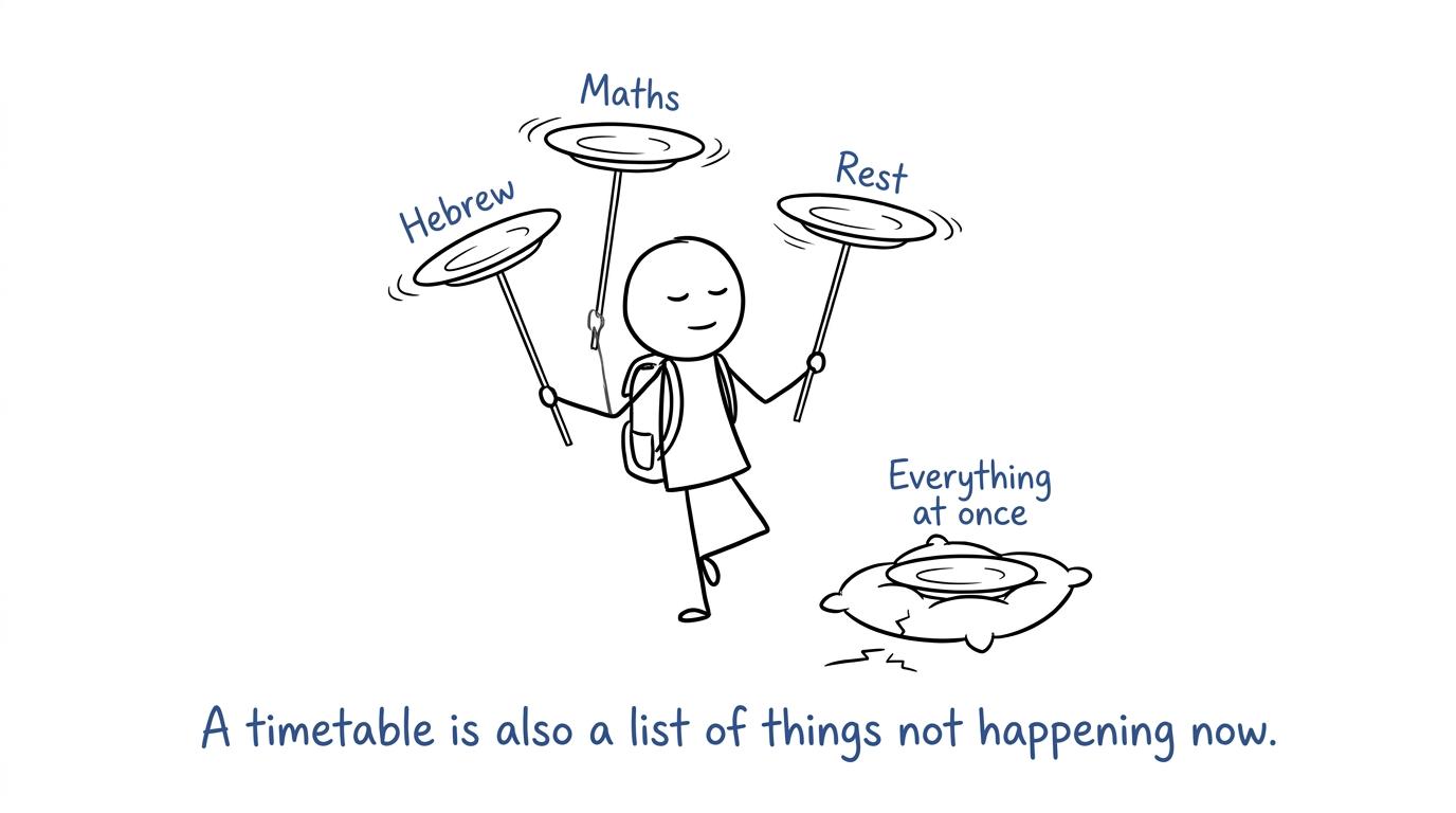 A student balances Hebrew, maths and rest while abandoning the plate labelled everything at once