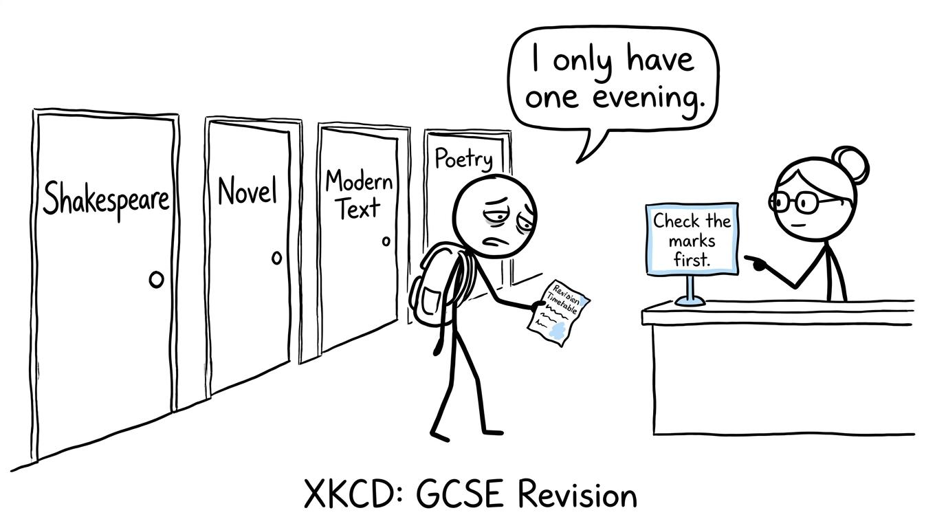 A student choosing between four English Literature revision doors while a librarian recommends checking the marks
