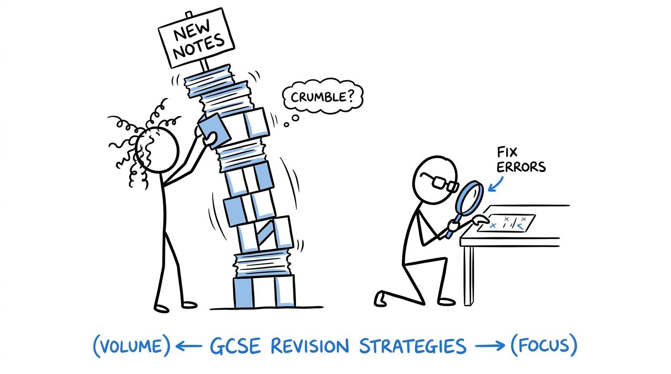 One student builds a tower of new notes while another calmly fixes errors from practice