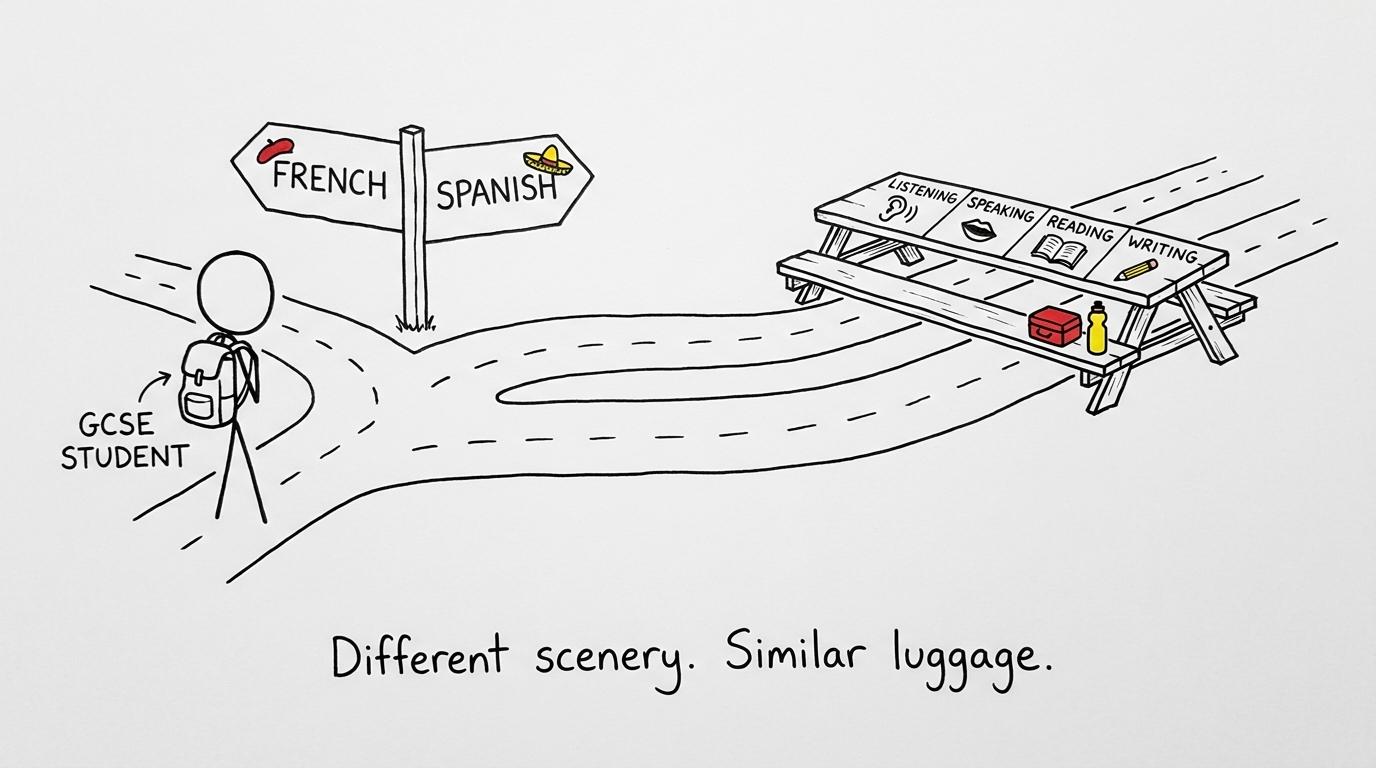 A student discovers that the French and Spanish paths have different scenery but share the same skills bench