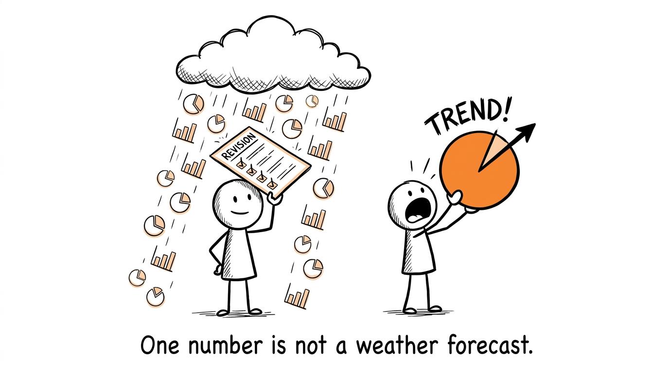 A student shelters under a revision checklist as charts rain from a cloud