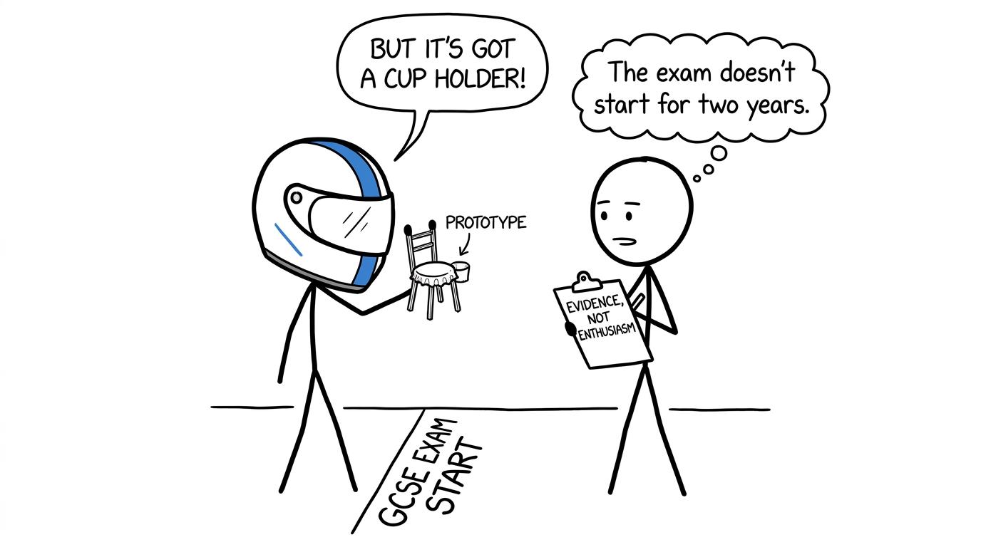 A student at an exam starting line while a teacher checks evidence rather than enthusiasm