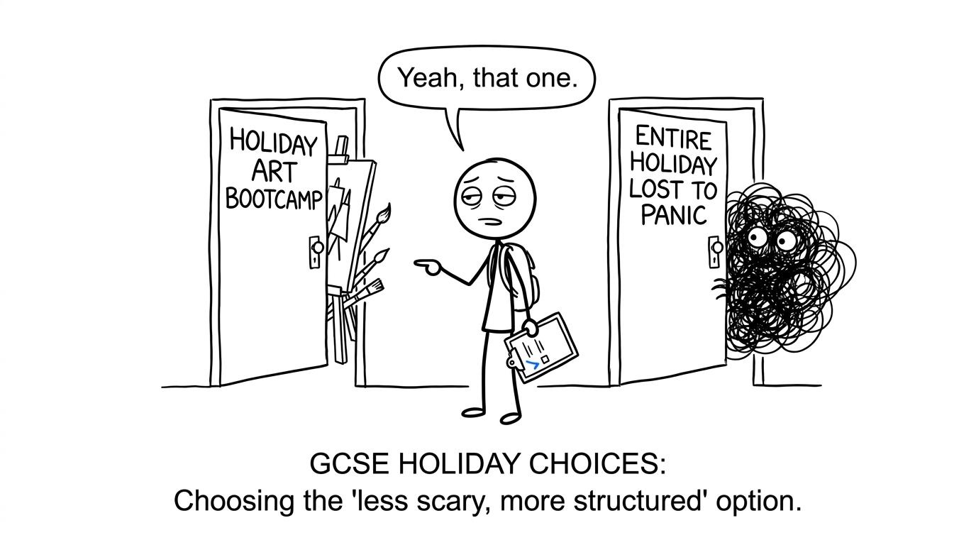 A student calmly chooses between a useful art course and holiday panic