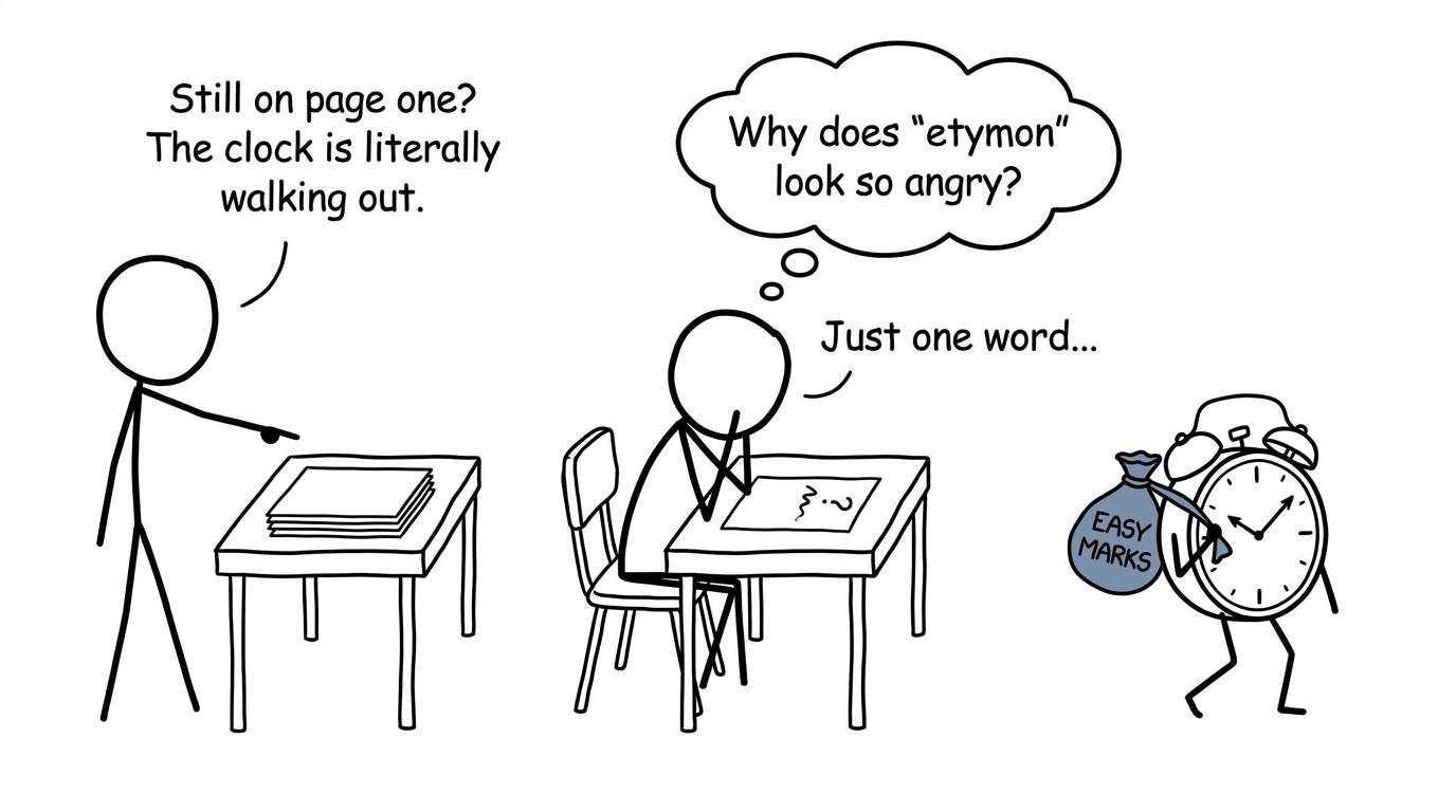 A cartoon exam clock escaping with easy marks while a student remains stuck on one word