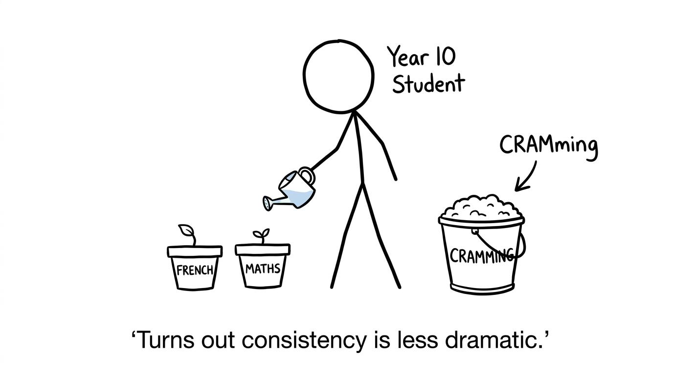 A student waters small French and maths revision plants while ignoring a giant cramming bucket