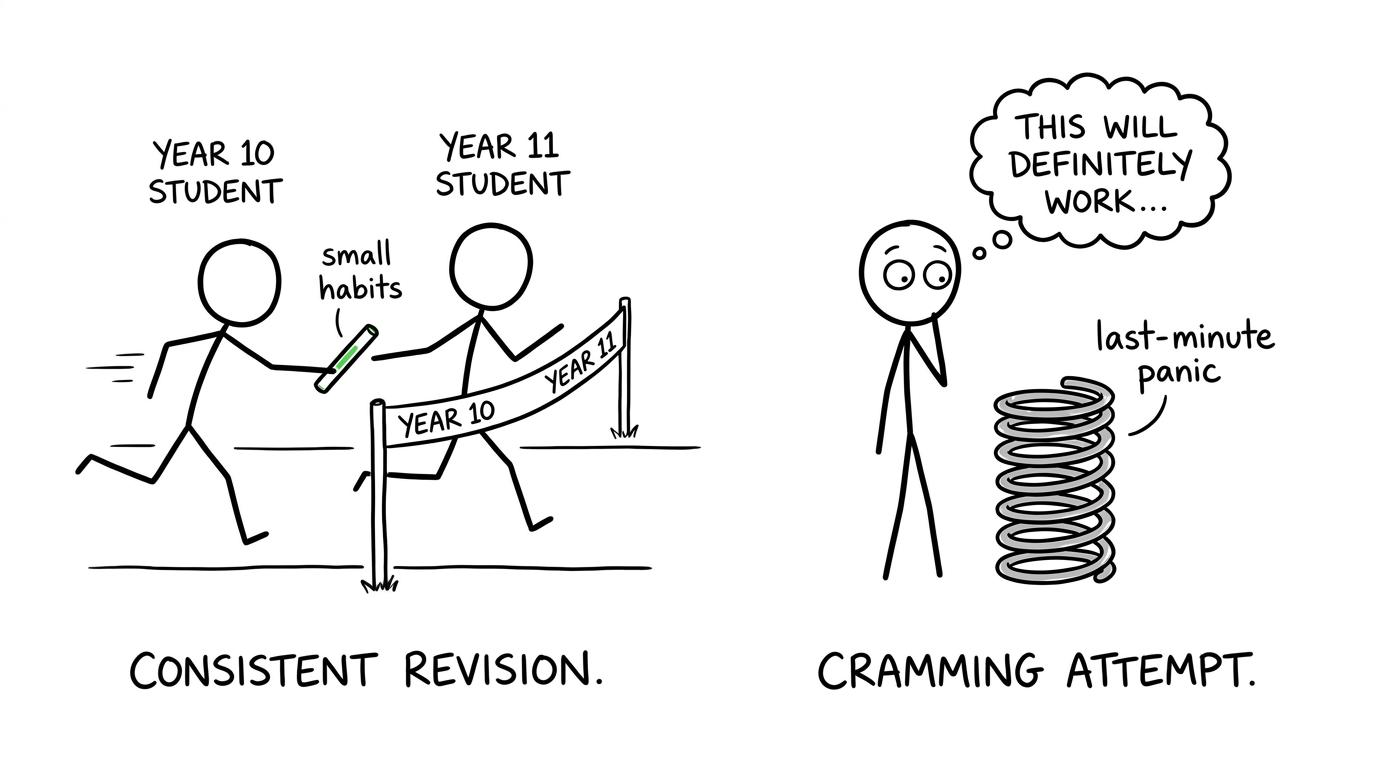 Year 10 passes a small-habits baton to Year 11 while another student tries a last-minute panic spring