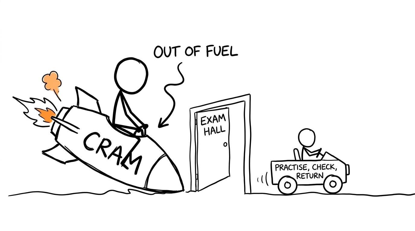 A cramming rocket running out of fuel while steady practice reaches the exam