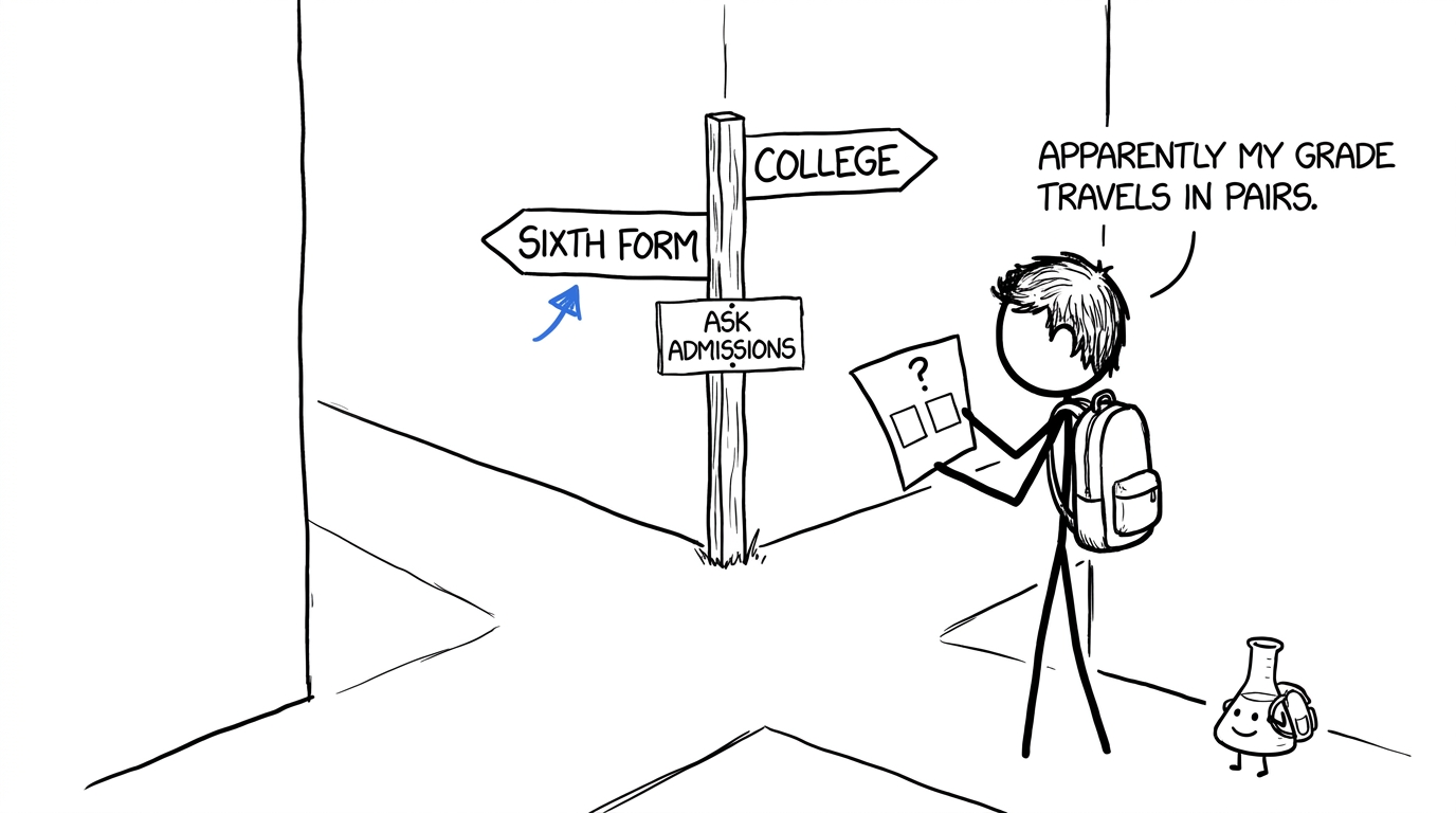 A student choosing between sixth form, college and asking admissions about a double science grade