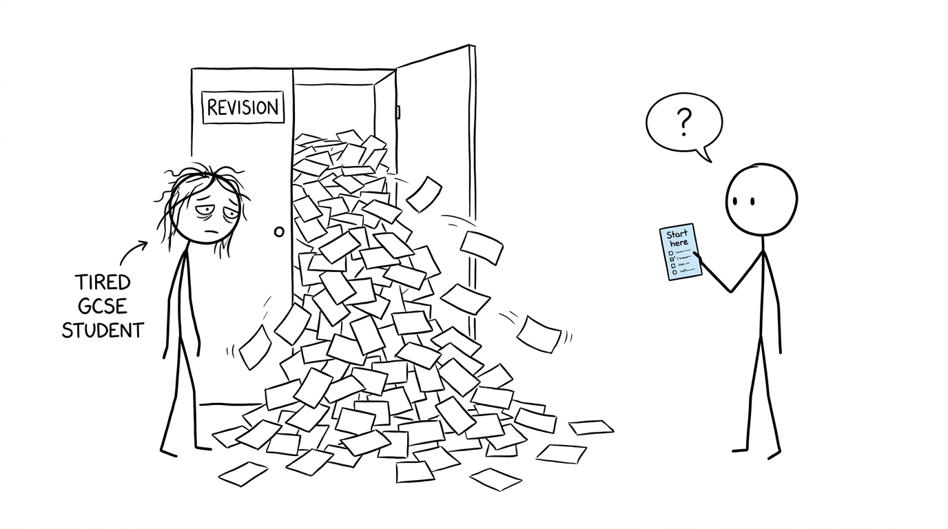 A student chooses a small revision checklist instead of a cupboard overflowing with flashcards