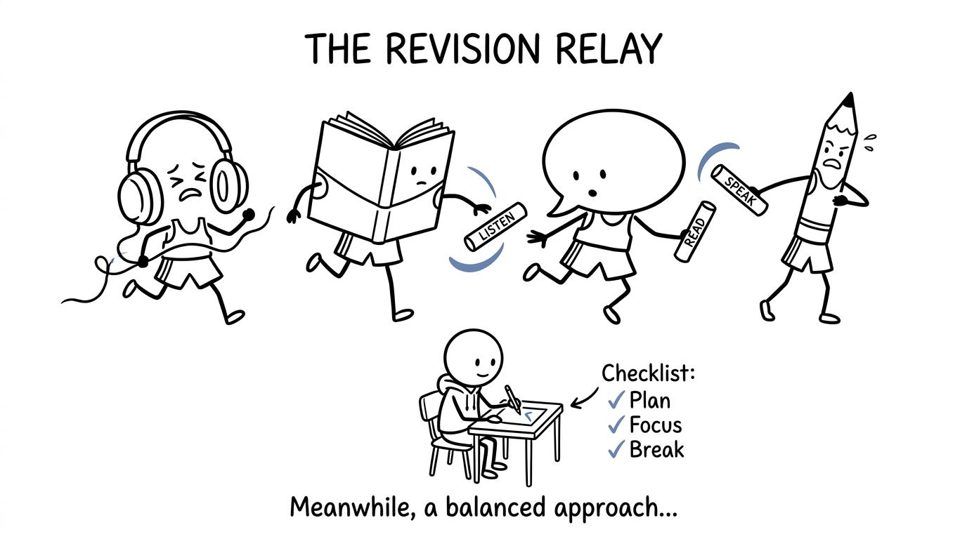 Four language skills form a slightly chaotic revision relay team