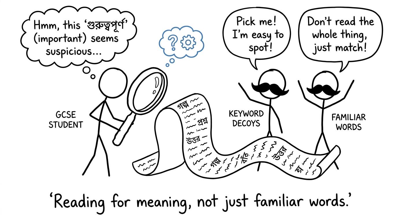 A student looking past keyword decoys to find the real meaning