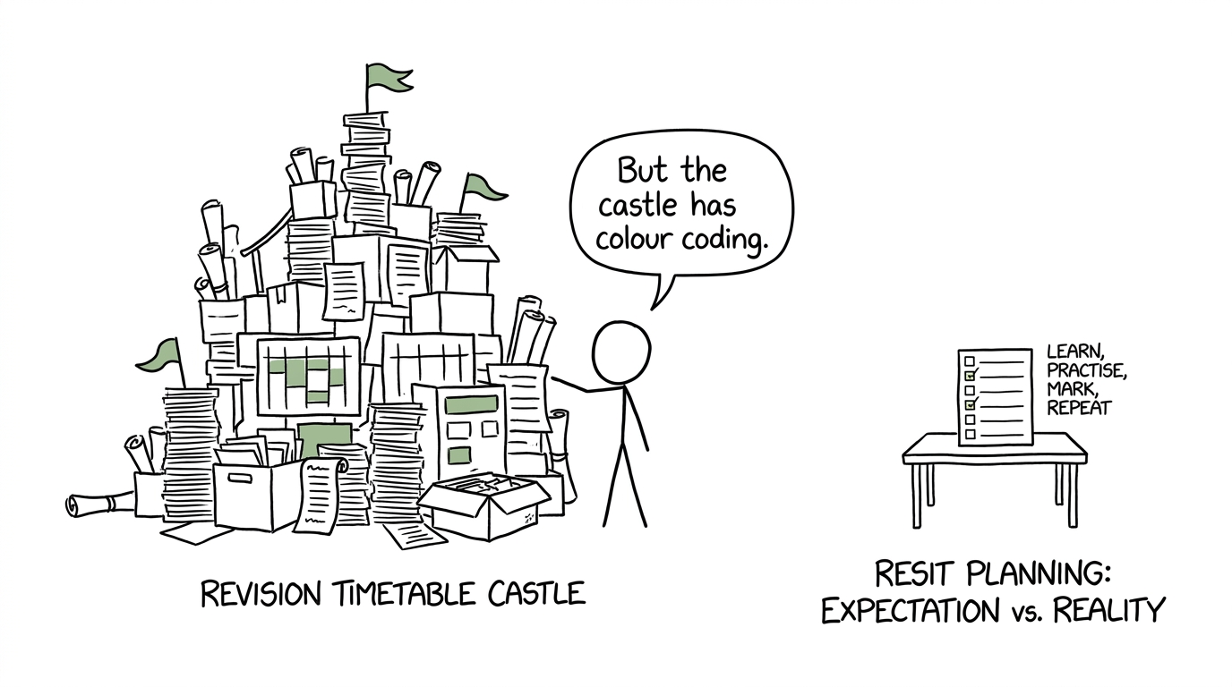 A student choosing between an enormous timetable castle and a practical revision checklist