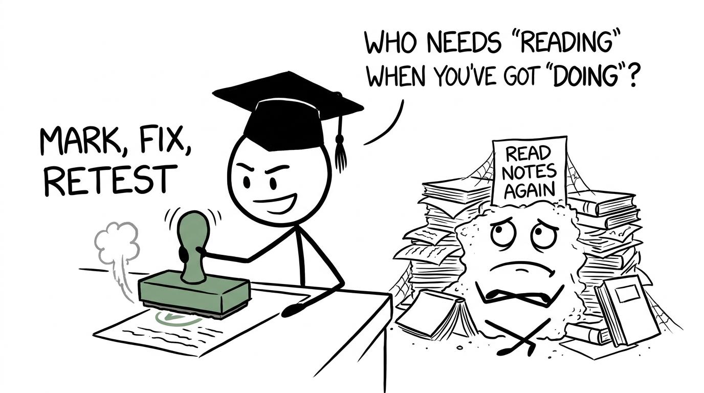 A student stamping mark, fix and retest while old notes gather dust