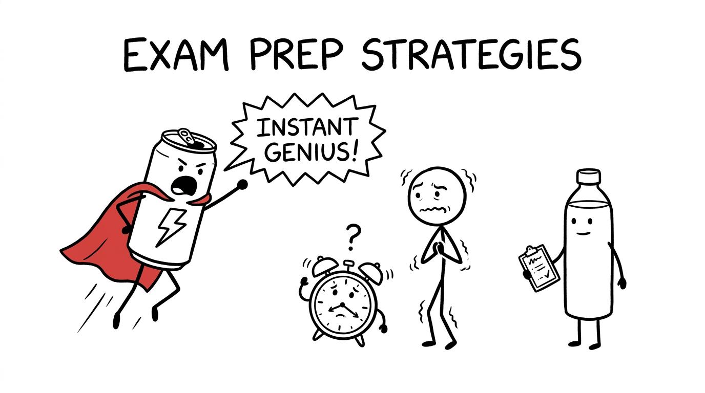 An overconfident energy drink meets a calm water bottle and an unconvinced student