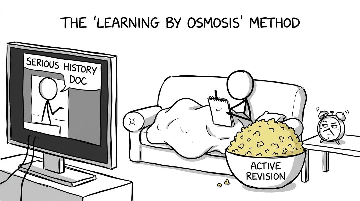 A student confidently mistaking popcorn and a documentary for active revision