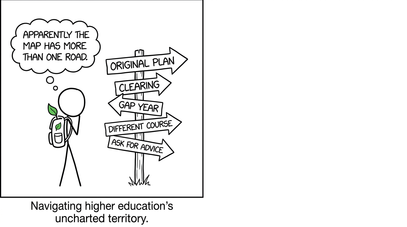 A student notices that the route after results day has several possible roads
