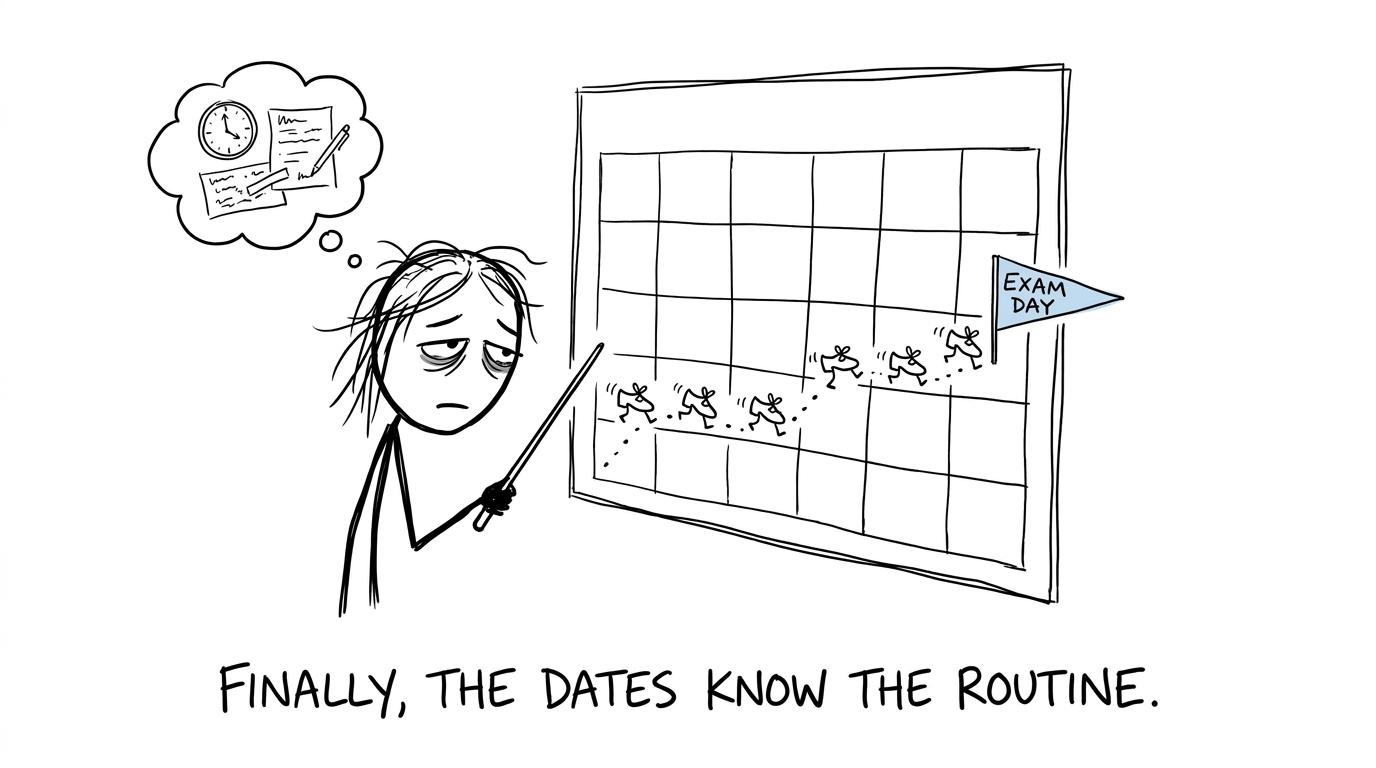 A student watches calendar dates dance backwards from exam day