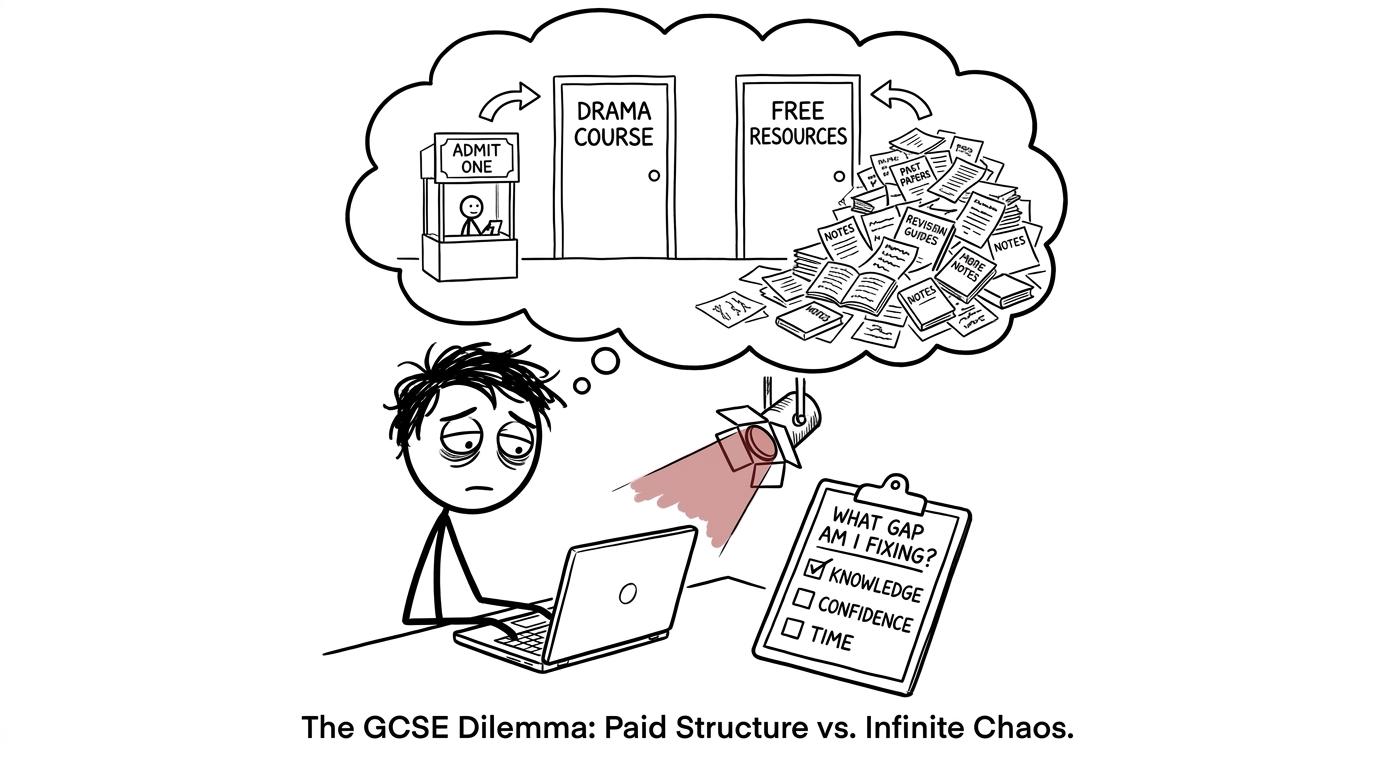 A student choosing between a paid Drama course and free revision resources