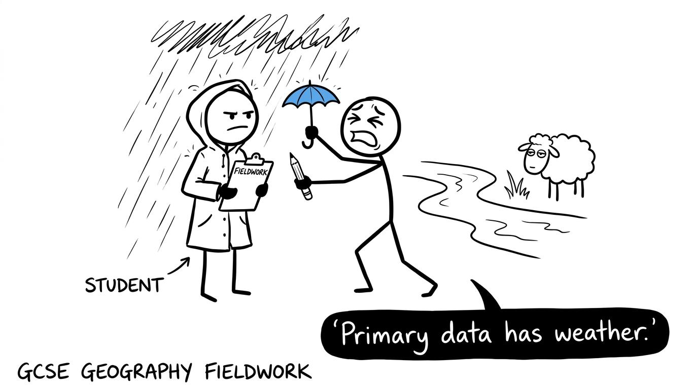 Students protecting a fieldwork pencil from the rain while collecting primary data