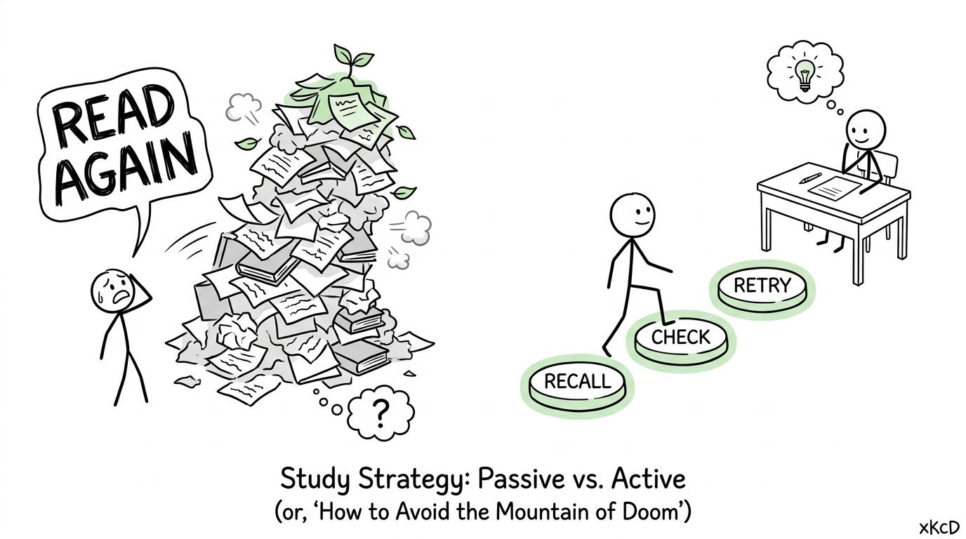 Small recall, check and retry steps lead past a wobbling rereading pile