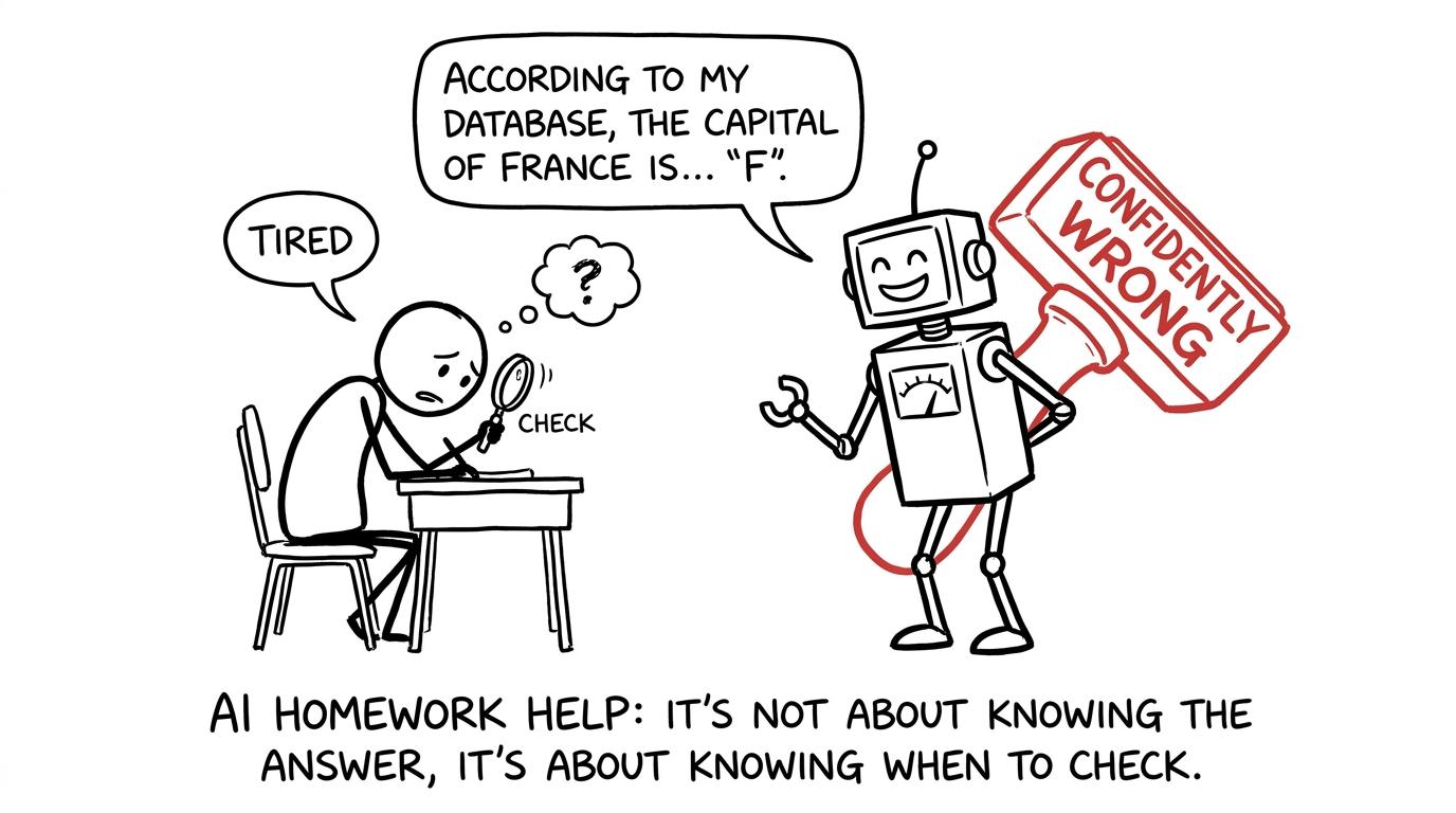 A student checks a confident robot quizmaster with a magnifying glass