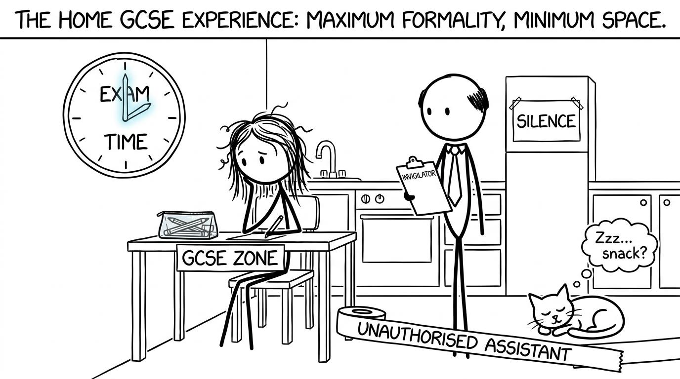 A student creates a comically serious examination hall at a kitchen table