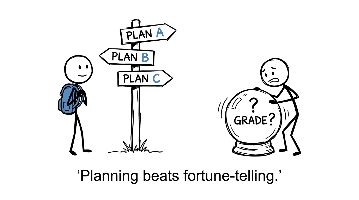 A student chooses between sensible plans while someone else attempts to predict grades