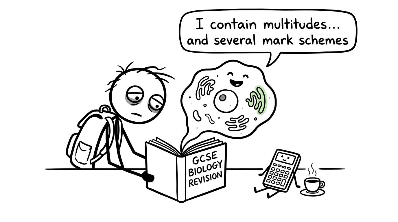 A friendly cell interrupts a student's Biology revision while a calculator waits with tea