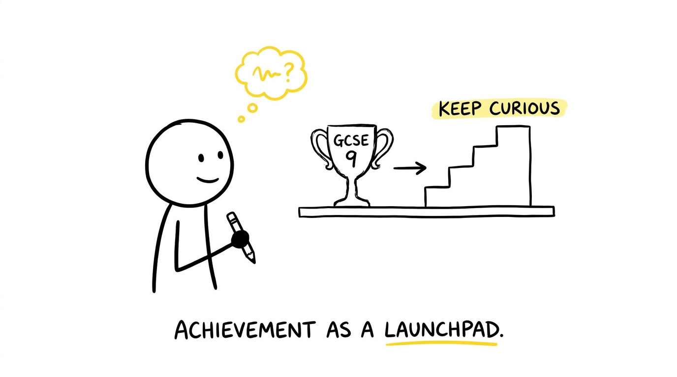 A GCSE grade 9 trophy pointing towards a staircase marked Keep curious