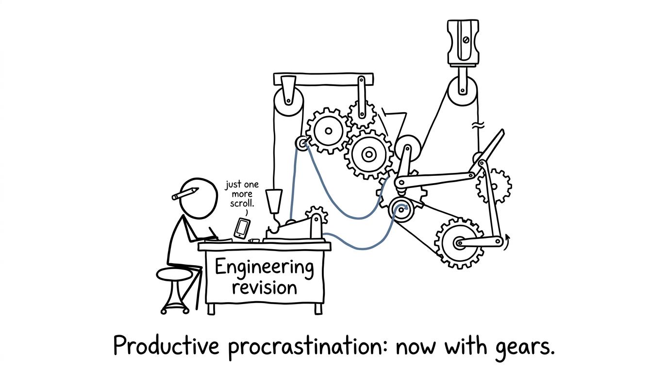 A student invents an elaborate machine to avoid opening an Engineering revision page
