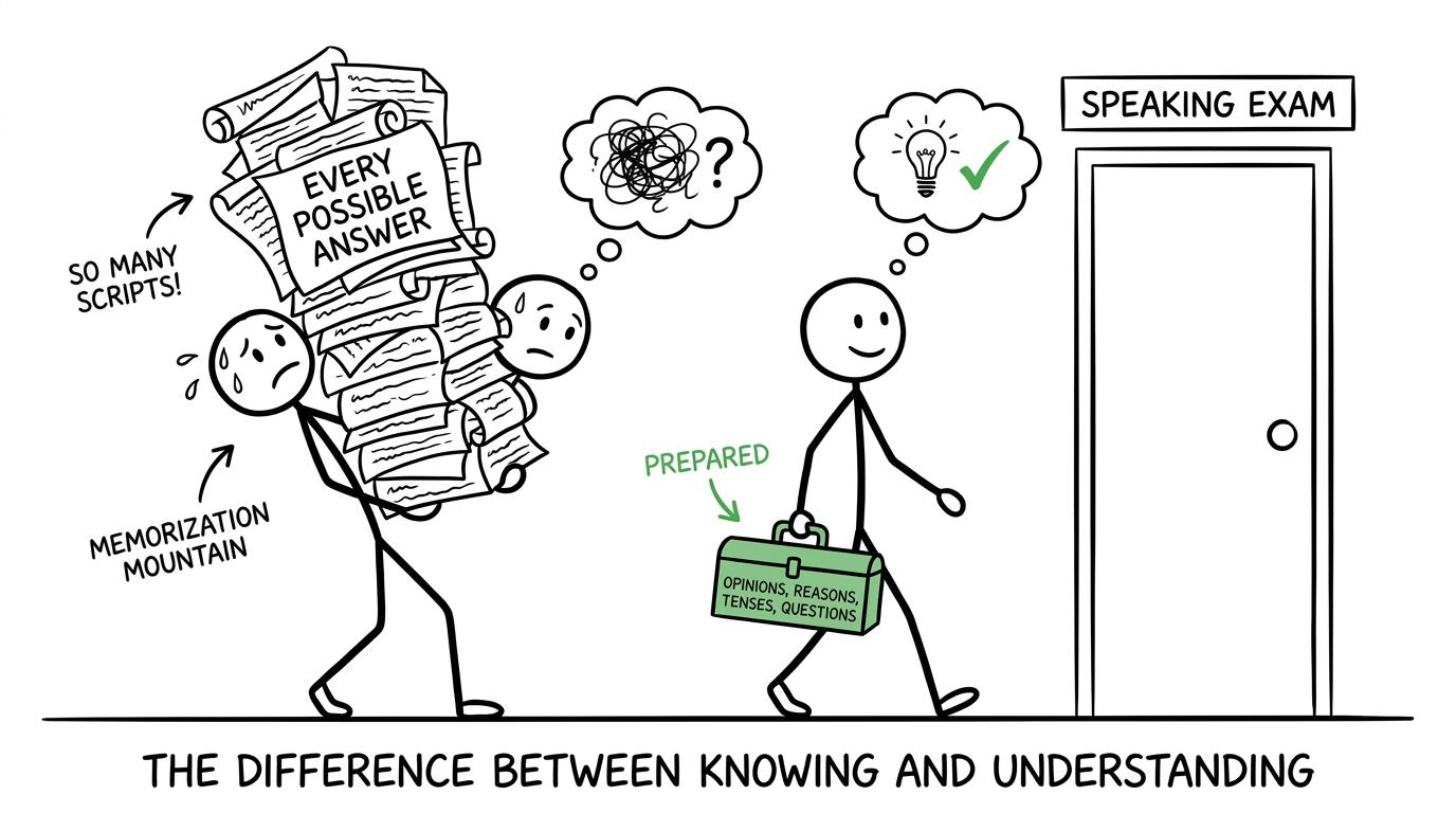 One student carries endless scripts while another brings a compact speaking-skills toolbox