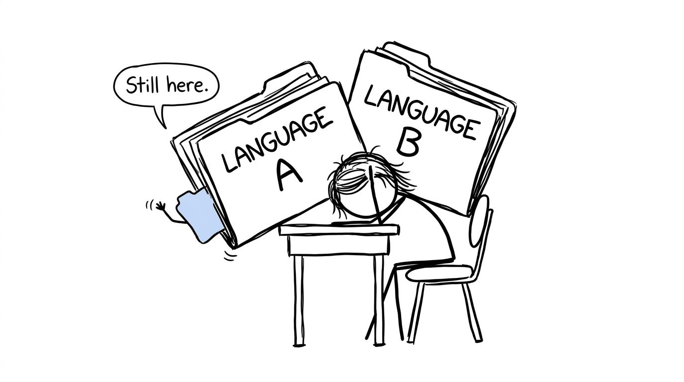 A GCSE student balancing two language folders while maths waits underneath