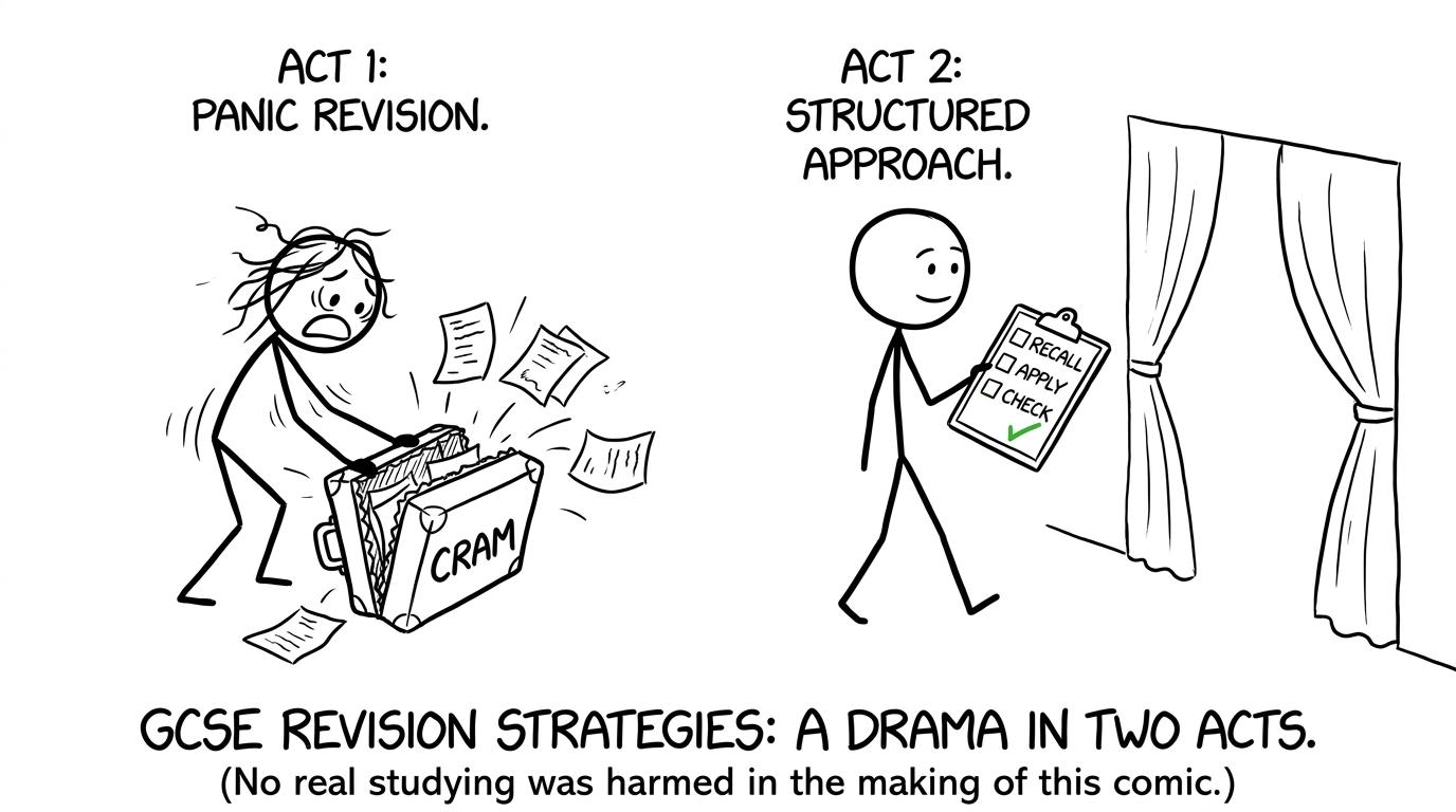 Backstage, one student's cram suitcase bursts while another follows a recall, apply and check routine