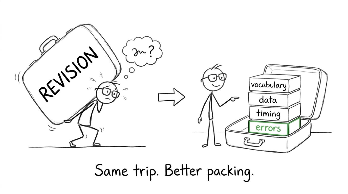 A student packs one large revision suitcase into organised skill boxes