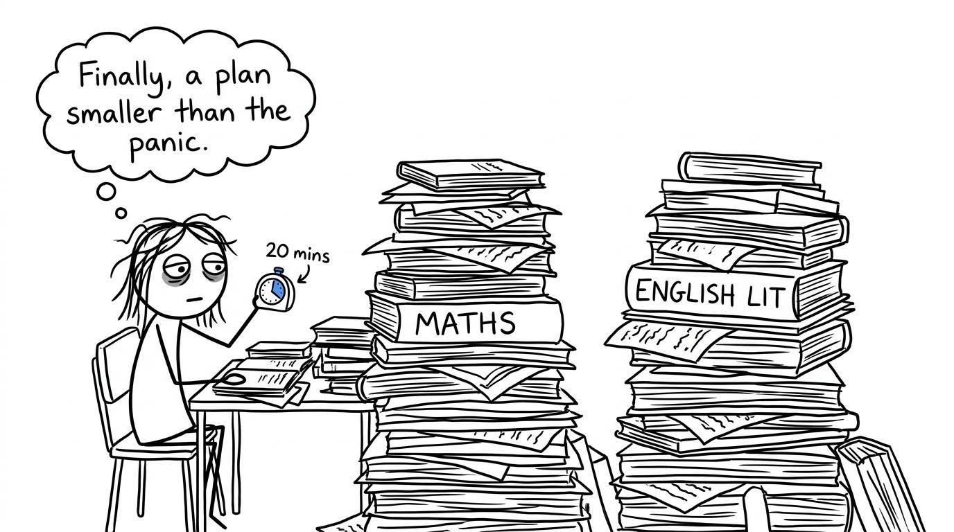 A student uses a small timer to balance English Literature and maths revision