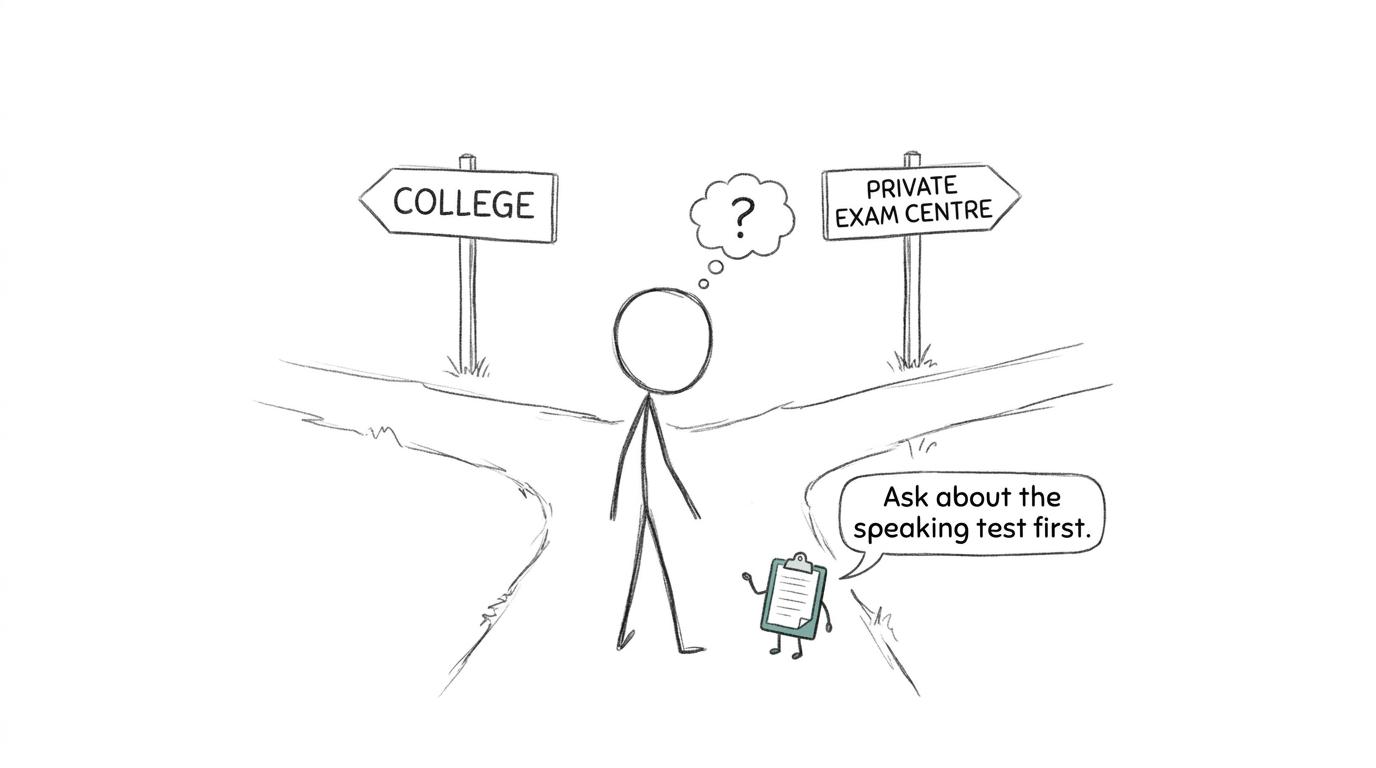 A student choosing between a college and private exam centre for a GCSE Arabic retake