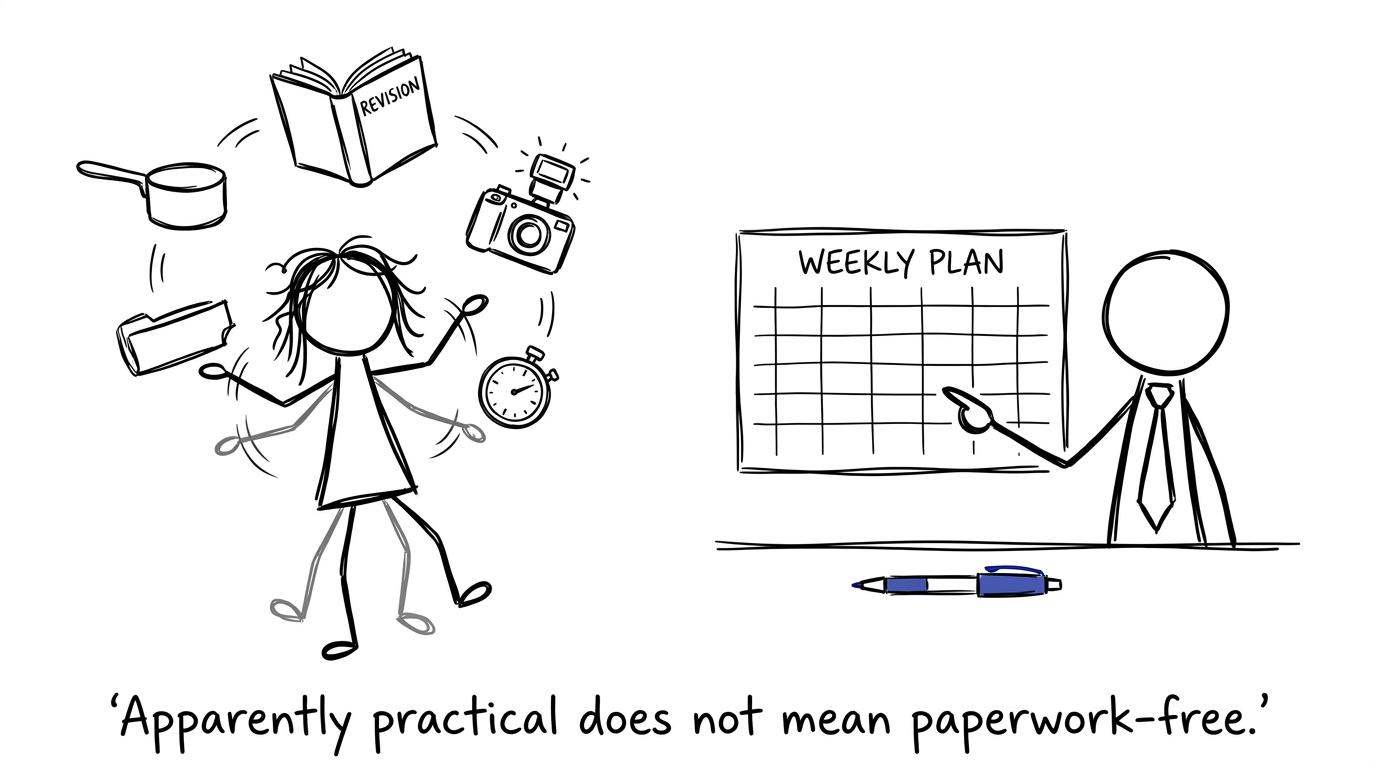 A student juggles cooking, evidence and a portfolio while learning that practical does not mean paperwork-free