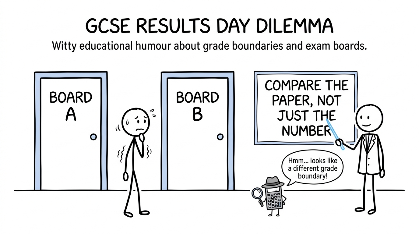 A student comparing exam boards while a calculator plays detective